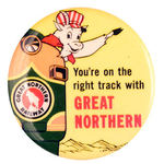 "GREAT NORTHERN RAILWAY" LARGE CARTOON BUTTON.