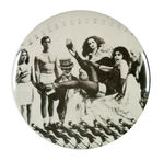 LARGE 6" BUTTON SHOWS SIX CAST MEMBERS OF ROCKY HORROR PICTURE SHOW.