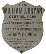 CARDBOARD FIGURAL TICKET FOR BRYAN SPEECH RESERVED SEAT IN CENTRAL PARK, 1897.