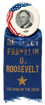 ROOSEVELT GRAPHIC 1936 BUTTON WITH “THE MAN OF THE HOUR” RIBBON.