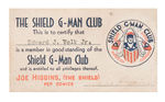 "SHIELD G-MAN CLUB" CARD INK-SIGNED "JOE HIGGINS."