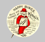 EARLY CARTOON AD FOR NYC STORE "HAPPY BINGS, KING'S CLOTHIERS."