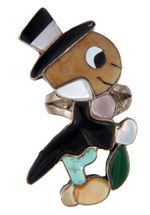 ZUNI INDIAN 1970s HAND MADE JEWELRY: PLUTO PIN, JIMINY RING AND BRACELET.