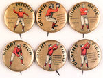 SIX EARLY BASEBALL POSITION BUTTONS.