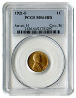 1921-S LINCOLN CENT MS64RD.