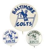 TRIO OF BALTIMORE COLTS LOGO BUTTONS INCLUDING EARLY 40s AFC GREEN & SILVER.