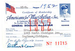 "AMERICANS FOR MacARTHUR, INC" 1952 MEMBERSHIP CARD.