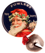 SANTA WITH SILVER TEXT AND BELL ACCENT.