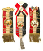 THREE EXQUISITE "WOODMEN OF THE WORLD" RIBBON BADGES.