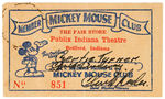 "MEMBER MICKEY MOUSE CLUB" CARD FROM INDIANA THEATER.