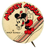 "MICKEY MOUSE" ON SKIS LITHO BUTTON COMPLETE WITH RARE BACKPAPER.