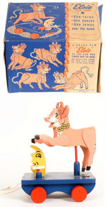 "ELSIE THE COW" MECHANICAL WOOD PULL TOY IN ORIGINAL BOX.