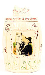 "HOPALONG CASSIDY COOKIE BARREL" PAINTED AND GLAZED CERAMIC W/SADDLE ON LID.