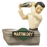 "MARTINI DRY" BARTENDER WITH COCKTAIL SHAKER BOTTLE DISPLAY.