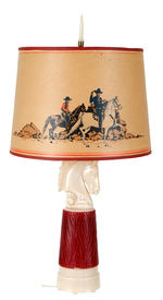 "HOPALONG CASSIDY" MOLDED GLASS HORSE HEAD LAMP WITH RARE ORIGINAL SHADE.