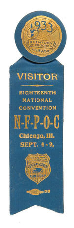 RARE FABRIC BUTTON WITH RIBBON FOR POST OFFICE CLERKS 1933 CONVENTION.