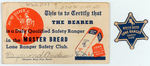 "THE LONE RANGER SAFETY CLUB" MEMBER CERTIFICATE FROM "MASTER BREAD."