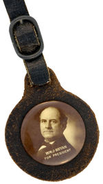 BRYAN CRISP REAL PHOTO SEPIA CELLULOID ON LEATHER 1908 WATCH FOB.