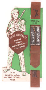 "DAVY CROCKETT" LEATHER BELT W/METAL BUCKLE ON ORIGINAL DIECUT CARDBOARD PACKAGING.