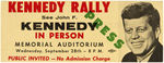 "KENNEDY RALLY" TICKET INSCRIBED "PRESS" FOR BUFFALO SPEECH SEPTEMBER 28, 1960.