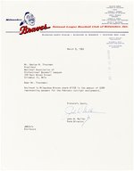 "MILWAUKEE BRAVES" TYPED LETTER SIGNED BY FARM DIRECTOR.