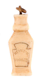 EARLY "HEINZ'S PICKLES" 1890s FIGURAL BOTTLE CELLO CHARM.