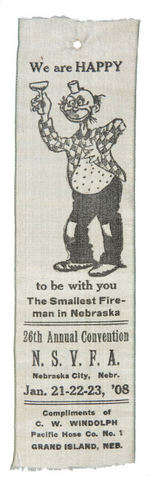 HAPPY HOOLIGAN ON RIBBON PROMOTING 1908 FIREMENS CONVENTION.