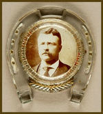 TR C. 1904 LARGE REAL PHOTO GLASS HORSESHOE PAPERWEIGHT.