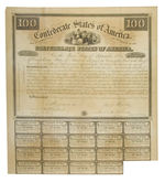 "CONFEDERATE STATES OF AMERICA" ONE HUNDRED DOLLAR BOND CERTIFICATE.
