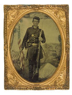 WELL-ARMED UNION CIVIL WAR SOLDIER QUARTER PLATE TINTYPE.