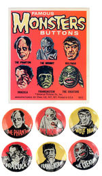 "FAMOUS MONSTERS BUTTONS" SET W/VENDING MACHINE DISPLAY CARD.