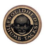"SOLIDHED THUMB TACKS" W/BLACK IMAGE ON LID OF WOODEN CONTAINER.