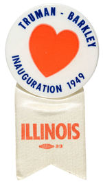 TRUMAN – RARE INAUGURAL BUTTON WITH HEART DESIGN AND “ILLINOIS” RIBBON.