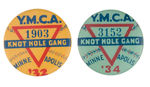 "YMCA KNOT HOLE GANG" BASEBALL BUTTONS WITH "KNOT HOLE GANG DATES" ON BACKPAPERS.