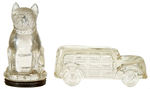 DOG/PISTOL/WOODY WAGON FIGURAL GLASS CANDY CONTAINER LOT.