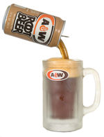 "A&W ROOT BEER" MUG BEING FILLED BY CAN STORE DISPLAY.