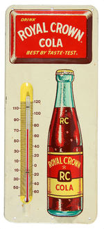 "DRINK ROYAL CROWN COLA BEST BY TASTE-TEST" HIGHLY EMBOSSED TIN LITHO THERMOMETER.