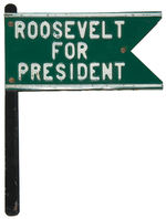"ROOSEVELT FOR PRESIDENT" UNUSUAL C. 1932 PENNANT-SHAPED METAL FLAG FOR CAR.