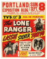 CLAYTON MOORE/JAY SILVERHEELS SIGNED LONE RANGER/TONTO/LASSIE PERSONAL APPEARANCE SIGN.