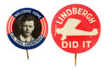 LINDBERGH SCARCE PORTRAIT BUTTON AND RARE SLOGAN BUTTON.