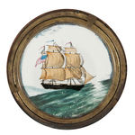 TALL SHIP MAGIC LANTERN SLIDE IN MECHANICAL WOODEN HOUSING.