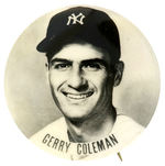 1950s JERRY COLEMAN (MISSPELLED NAME) (HOF) PM10 REAL PHOTO STADIUM BUTTON.