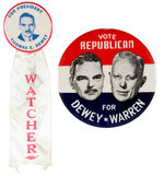 DEWEY 1944 PICTURE BUTTON WITH “WATCHER” RIBBON PLUS LARGE 1948 JUGATE.