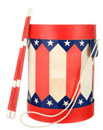 PATRIOTIC CARDBOARD DRUM IN BOX WITH DRUMSTICKS.