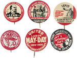 COMMUNIST PARTY 1930s BUTTONS: LENIN (3), MAY DAY (2) AND INT’L WOMEN’S DAY.