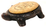 TURTLE IRON BOX W/SHELL DESIGN MIRROR HINGED LID.