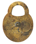 WILSON 1912 FIGURAL PADLOCK WATCH FOB WITH MOVABLE BRASS KEYHOLE COVER.