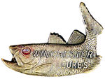 "WINCHESTER LURES" FIGURAL BRASS PIN.