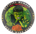 "THE INCREDIBLE HULK /OFFICIAL MEMBER SUPERHERO CLUB" BUTTON.