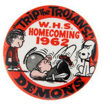 PEANUTS CHARACTERS ON UNLICENSED 1962 HIGH SCHOOL HOMECOMING BUTTON.